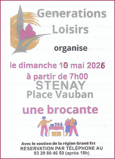 Brocante le 10 mai à Stenay avec le club Générations Loisirs